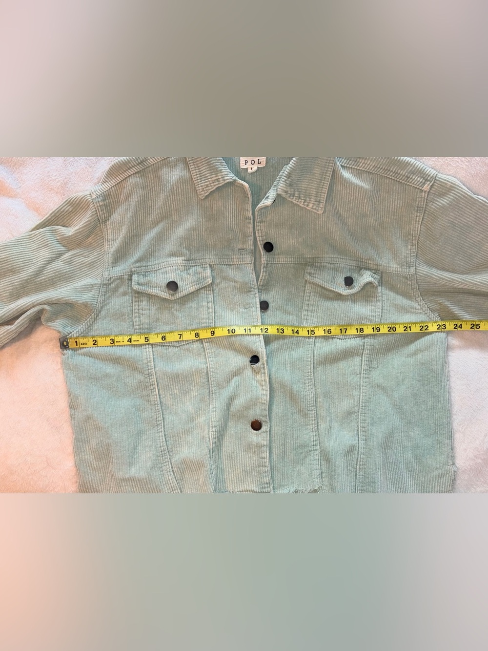 POL Corduroy Button Up Trucker Jacket Light Green Raw Hem Sz L - Picture 6 of 8
